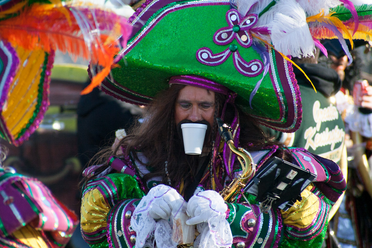 A pirate mummer trying to open his sandwich baggie